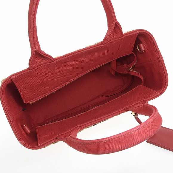 Prada Wicker Straw Canvas Leather Handbag Beige Red - Picture 6 of 7
